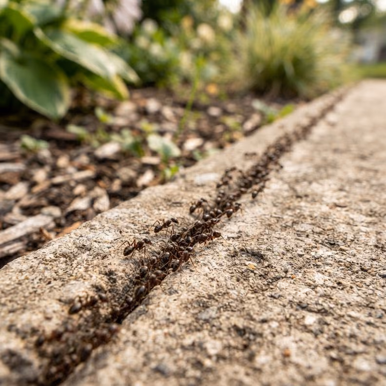 Pavement ant trail along a concrete walkway