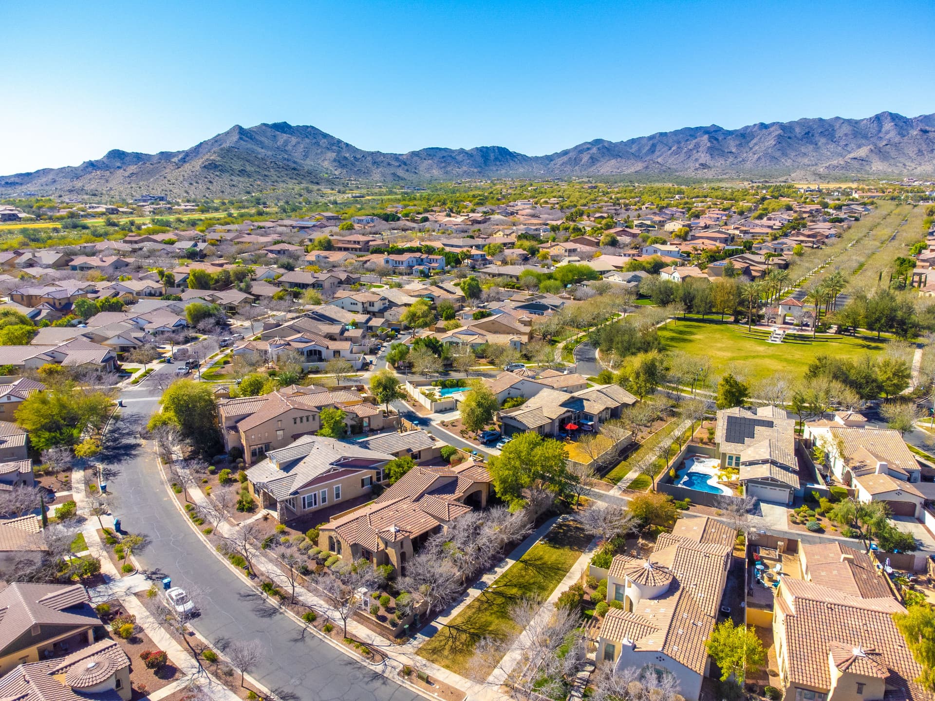 Aerial view of an Arizona subdivision below the mountains