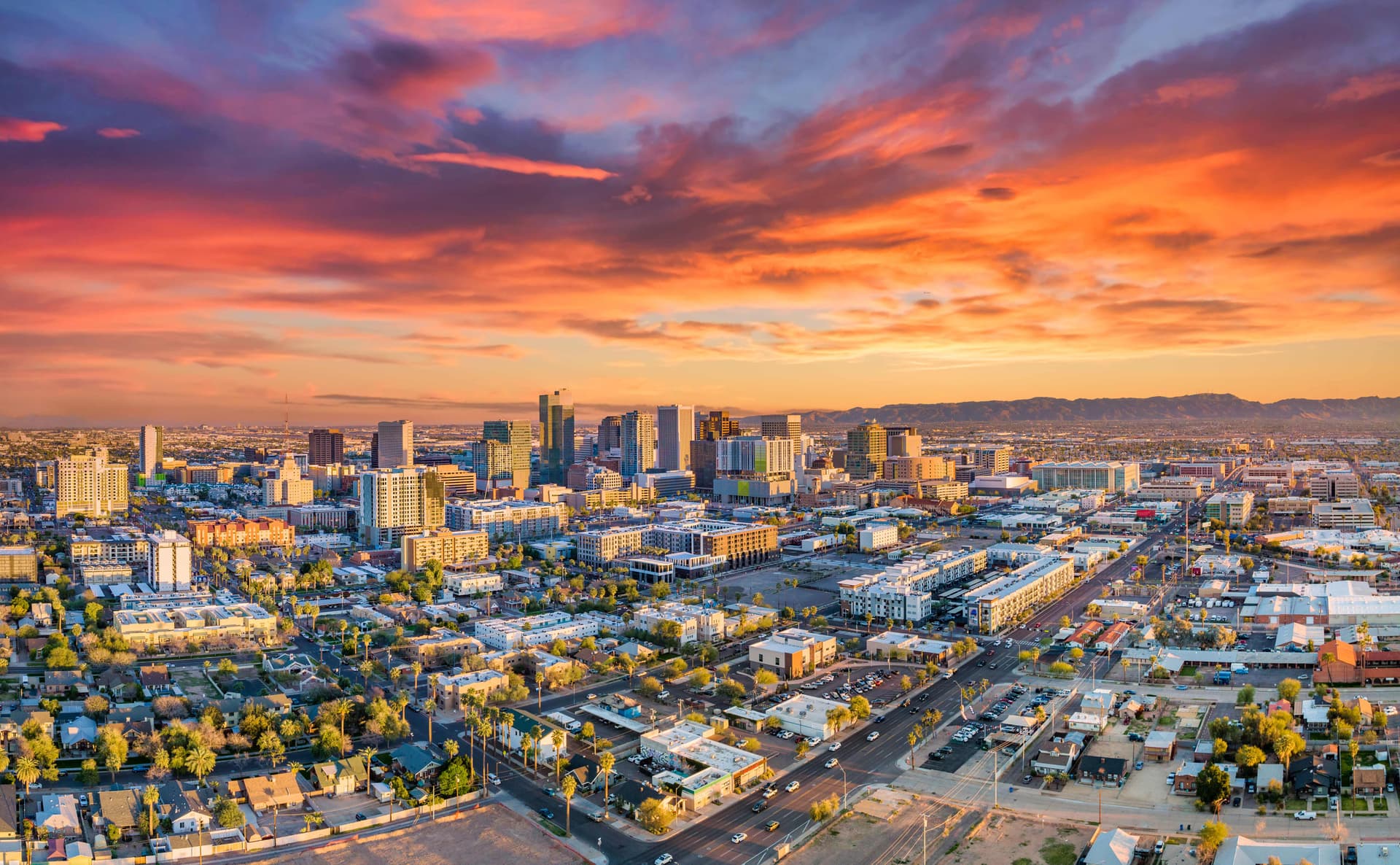 Aerial view of the downtown Phoenix skyline at sunset